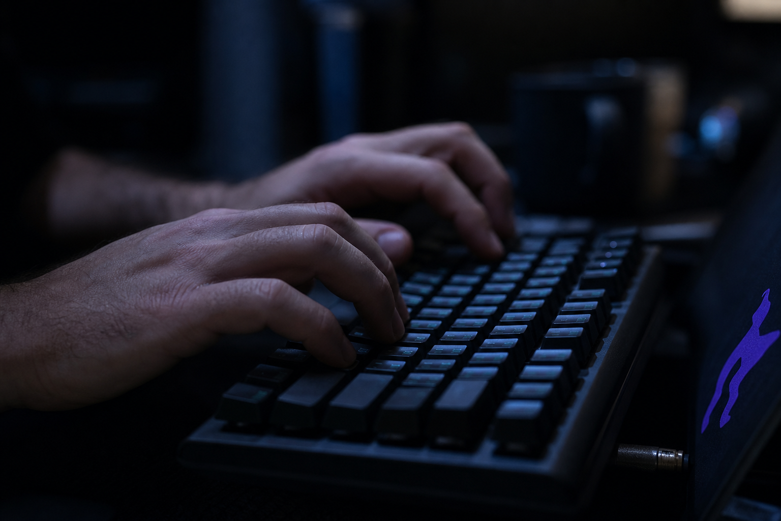 Extreme close-up of a developer's hands typing on a mechanical keyboard, lit by cool screen glow against a dark office background, with a faint violet sticker accent at the edge of frame.