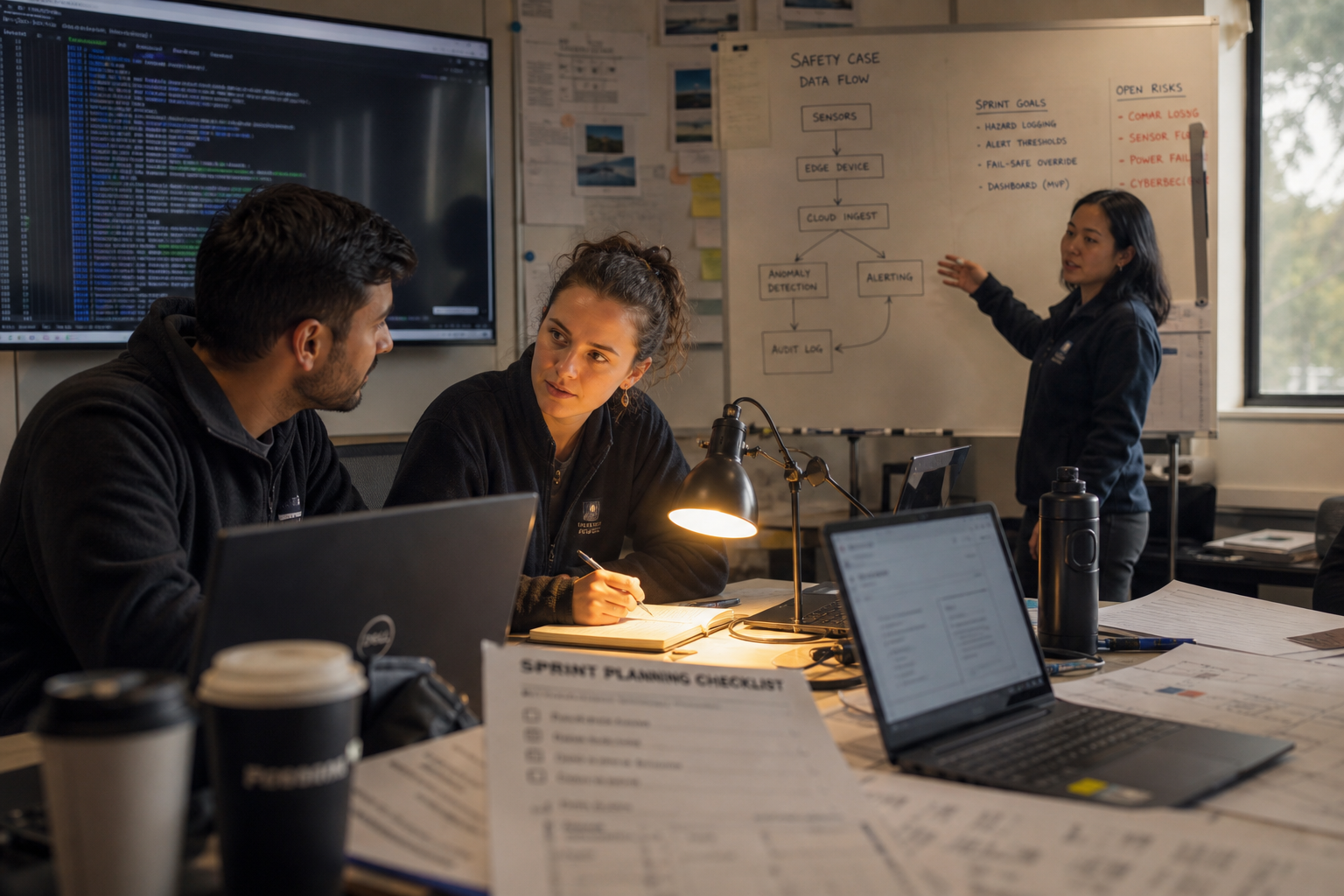 Three engineers in a mid-key Australian office collaborate around a table with laptops and printouts, layered in depth with a warm desk lamp as the single bright accent highlighting the central team member's notepad.
