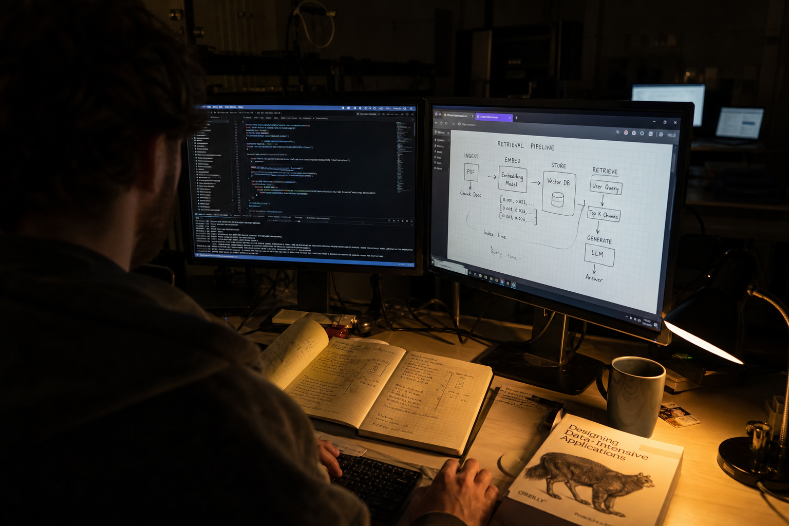 Over-the-shoulder view past a developer's shoulder toward two monitors showing a terminal and a code pipeline, with a notebook open on the desk under warm task-lamp light in a dimly lit office.