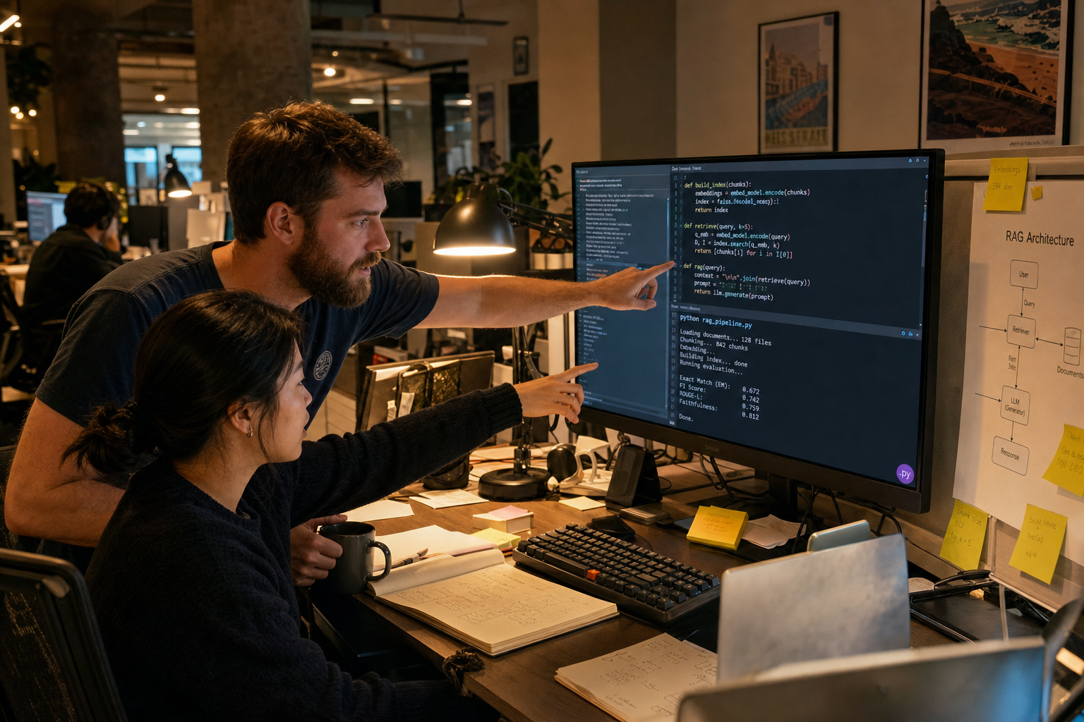 Two engineers, a bearded white man and an East Asian woman, review a machine learning pipeline together on dual monitors in a warm Australian office, one gesturing at the screen while the other holds a coffee mug.