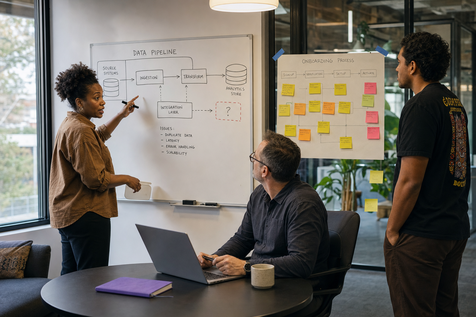 Three Australian tech professionals — a Black woman data engineer pointing at a system diagram on a whiteboard, a middle-aged man at a laptop, and a younger man studying sticky notes on a glass partition — discuss blockers in a casual office meeting nook.