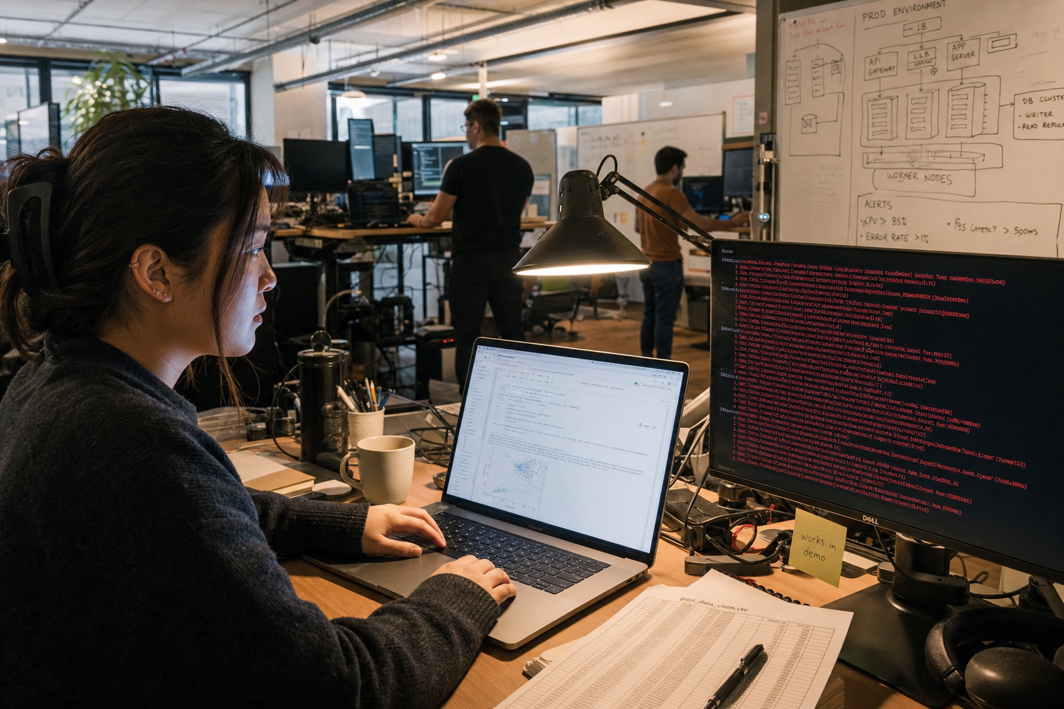 A data scientist in a small Australian tech office reviews a clean Jupyter notebook on her laptop while a second monitor shows a production error log, illustrating the gap between a controlled pilot environment and real-world deployment.