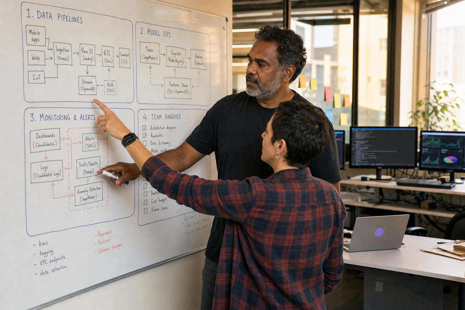 Two engineers in an Australian tech office discuss a hand-drawn system diagram on a whiteboard divided into four zones representing data infrastructure, model operations, monitoring, and team handover.