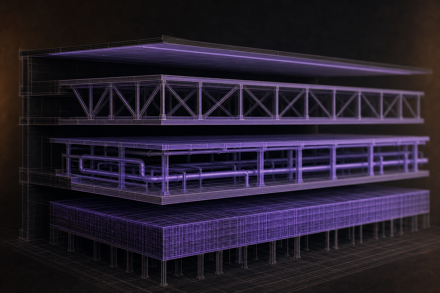 A dark-background architectural cross-section cutaway of a four-layer platform stack, rendered in blueprint style with each stratum illuminated in soft purple and violet tones, suggesting layered infrastructure readiness assessment.