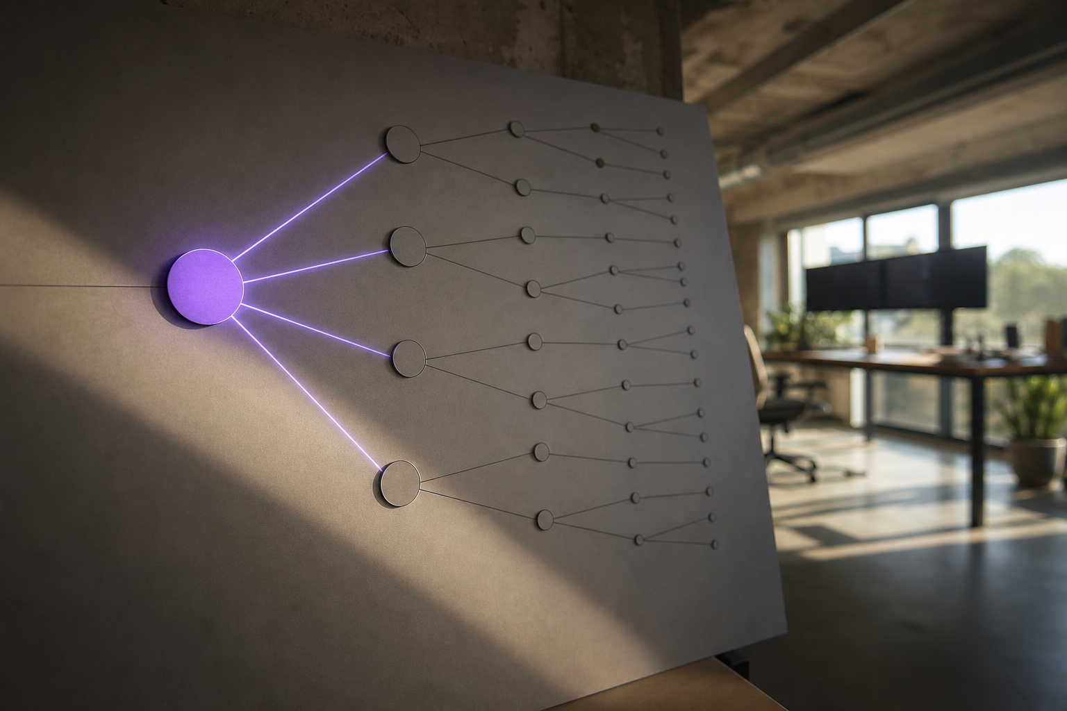 A hierarchical node-and-edge network graph on a matte surface in a blurred Australian office, with a single vivid purple-glowing hub node at centre and branching graphite lines connecting to smaller nodes of decreasing size toward the frame edges.