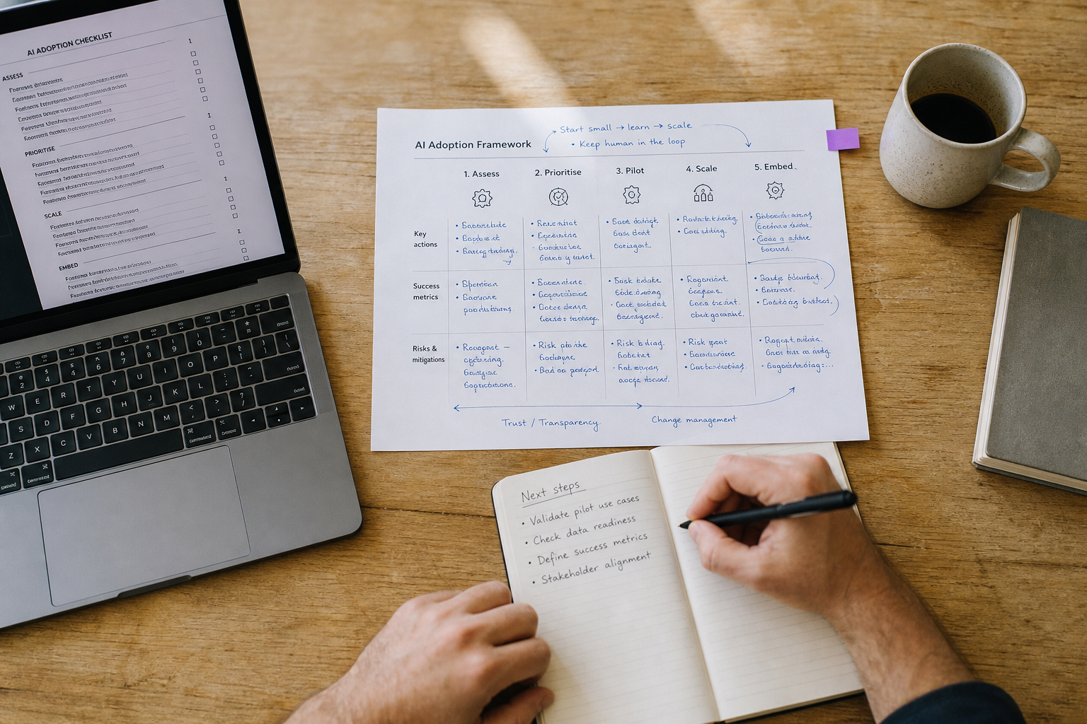 Overhead view looking down onto a timber office desk with an open laptop showing a checklist, a printed framework diagram covered in handwritten blue-pen annotations, a coffee mug, and a person's hands actively writing in a notebook.