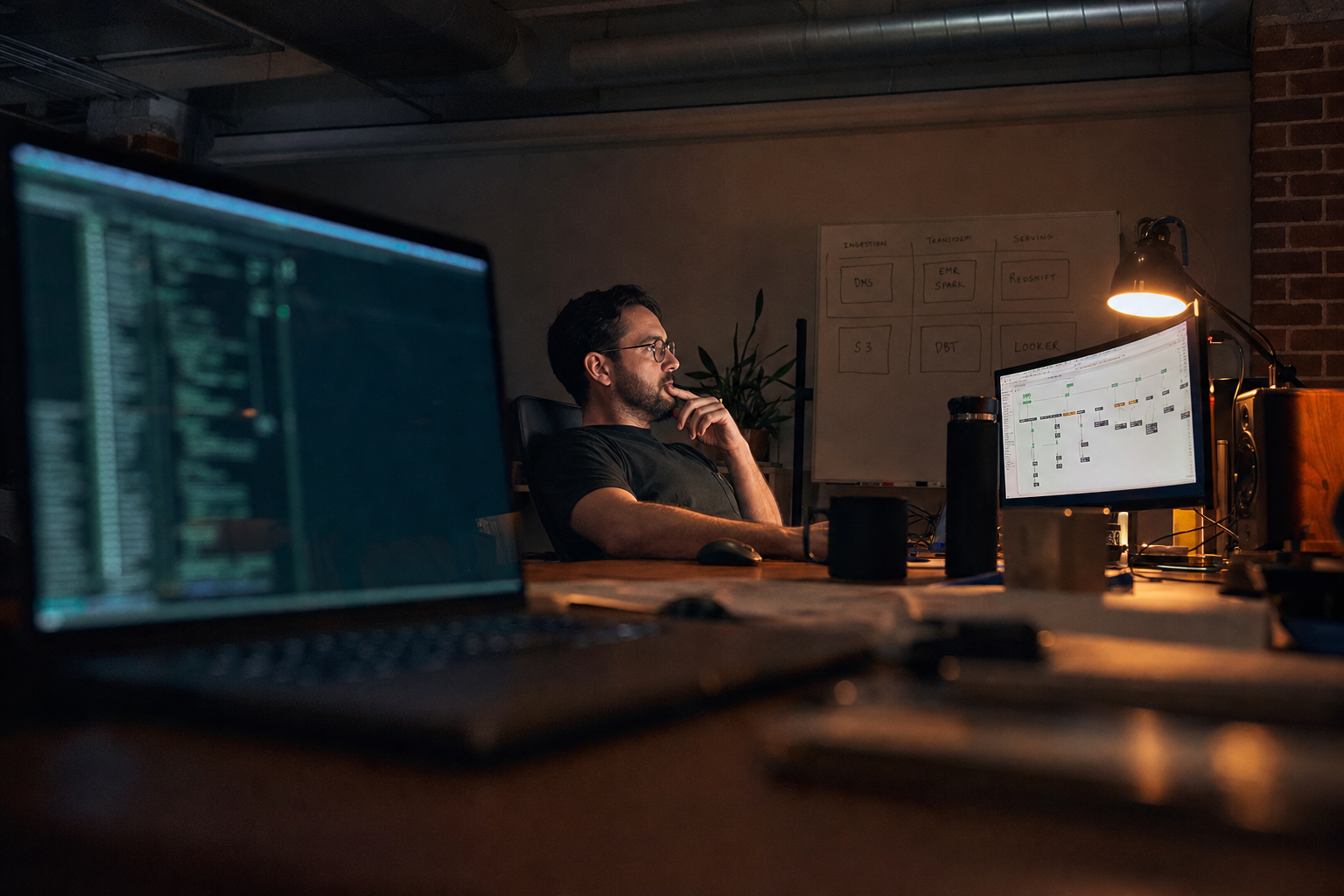 Low-angle view from near a desk surface looking up toward a data engineer leaning back in his chair studying a monitor showing a pipeline diagram, his face lit by warm task-lamp glow and screen light, with a six-box whiteboard diagram visible behind him in a dim office.