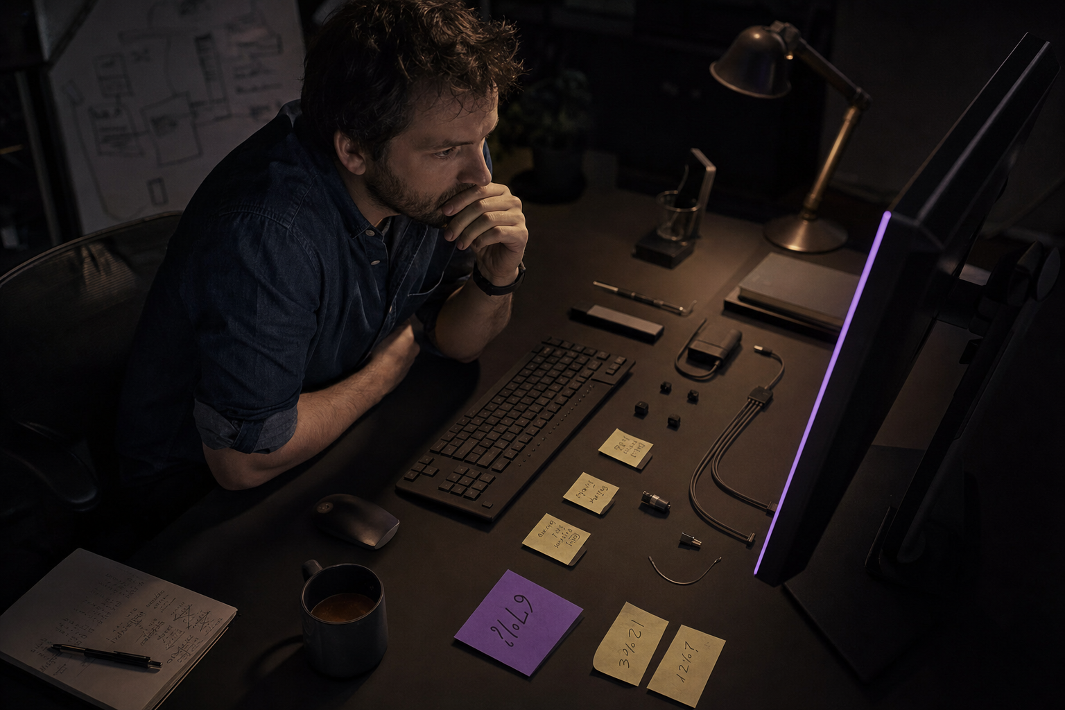 A developer leans toward a monitor in a dimly lit office corner, surrounded by separated workspace objects — keyboard, sticky notes with probability notations, a coffee mug — arranged with deep negative space in an exploded isometric style, illuminated by warm task-lamp light.