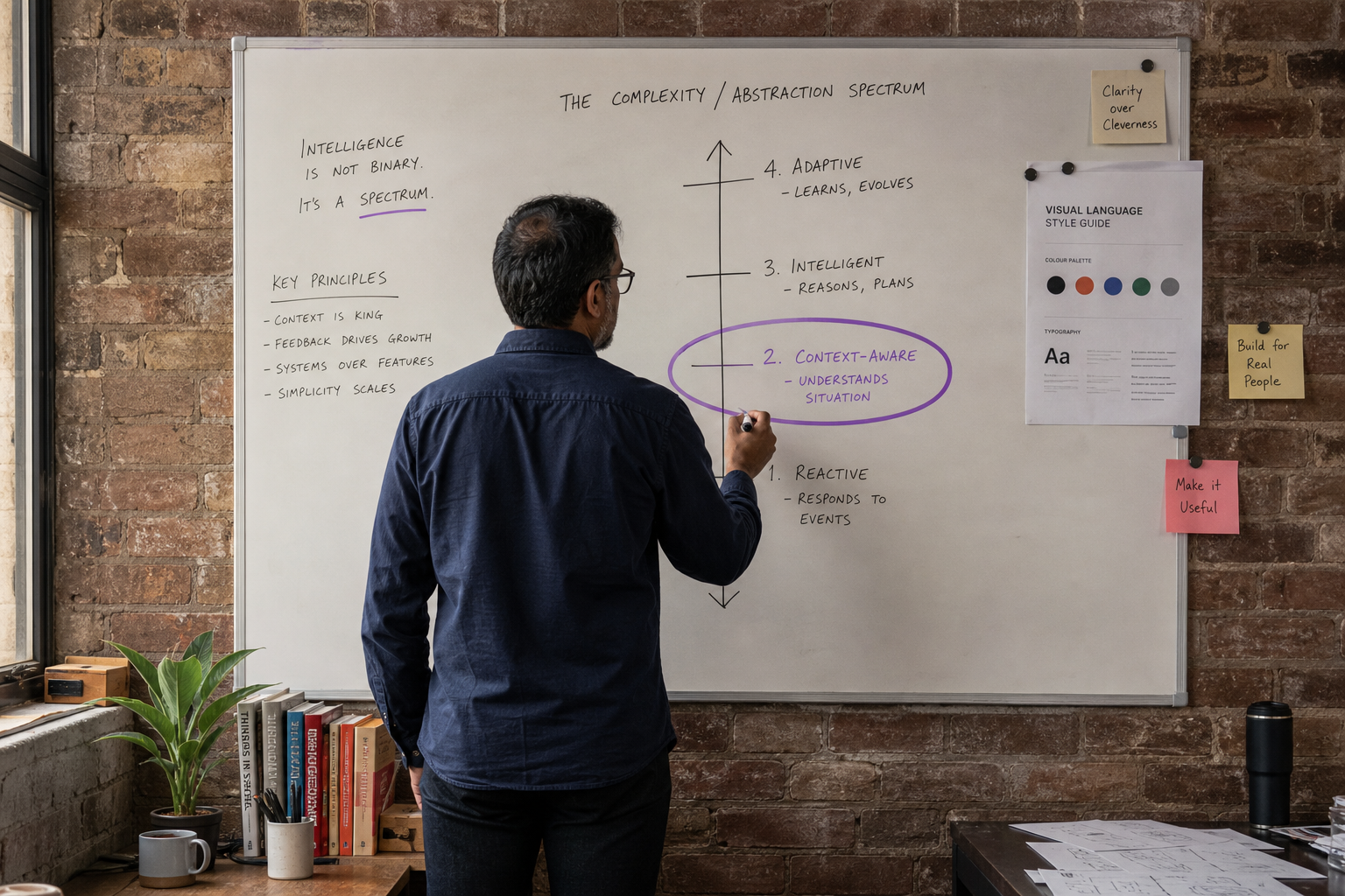 A South Asian male engineer stands facing a whiteboard head-on in a Melbourne tech office, holding a marker beside a hand-drawn spectrum diagram with one section circled in violet ink, sticky notes and printed documents pinned to the wall beside it.
