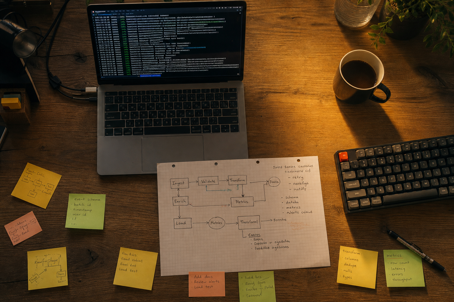 Overhead view of a developer's desk showing an open laptop with terminal output, a hand-drawn pipeline flow diagram on paper, sticky notes with arrows, a keyboard, and a coffee mug under warm golden light.