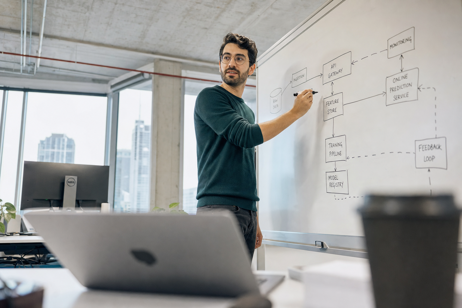 Low-angle view from a desk surface looking up past a laptop in the foreground to a male engineer standing at a whiteboard drawing a system architecture diagram, with bright natural daylight from large office windows in the background.