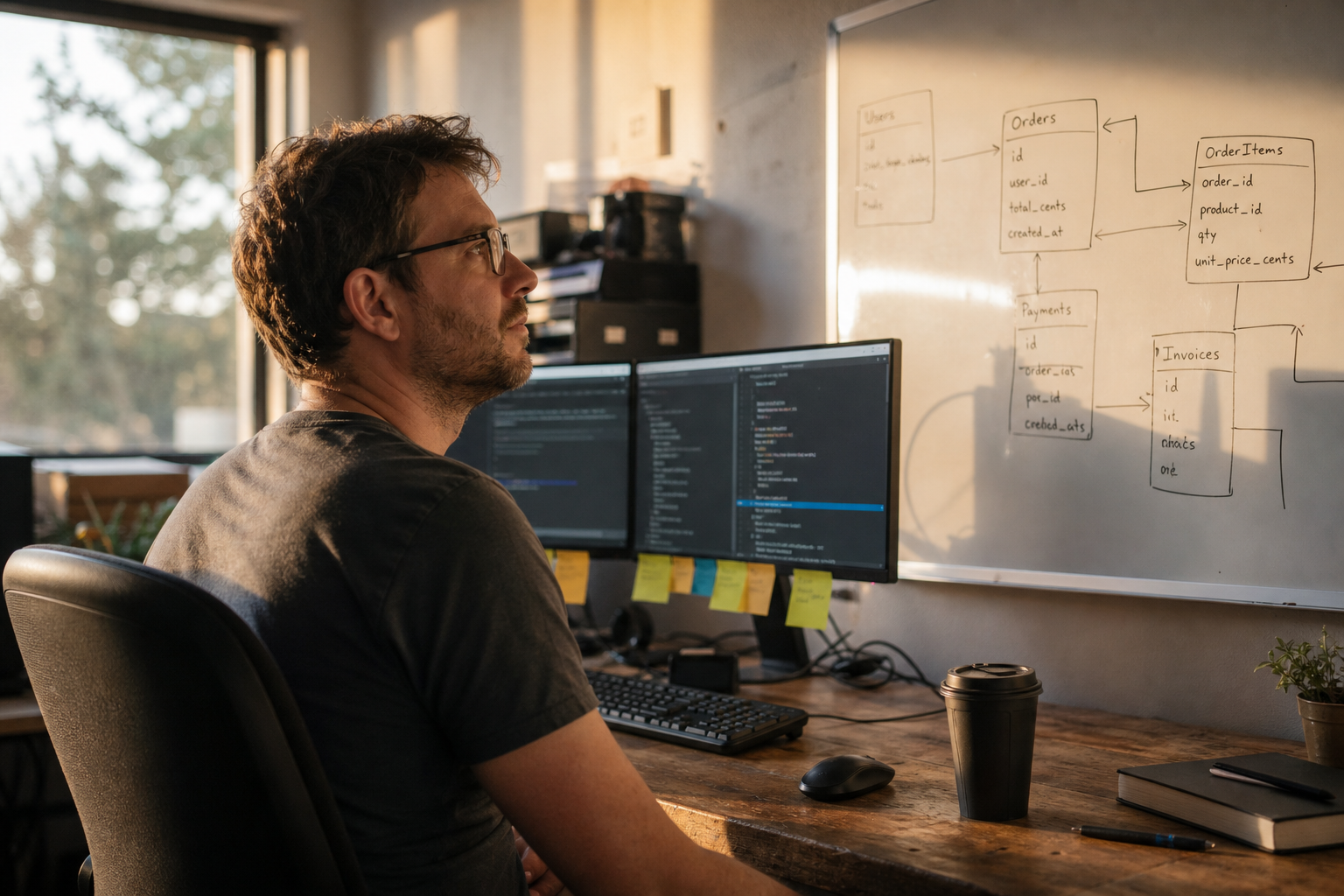 A software engineer in side profile looks toward a hand-drawn database schema diagram on a whiteboard, lit by warm late-afternoon window light in a real Australian tech office with dual monitors and sticky notes visible.