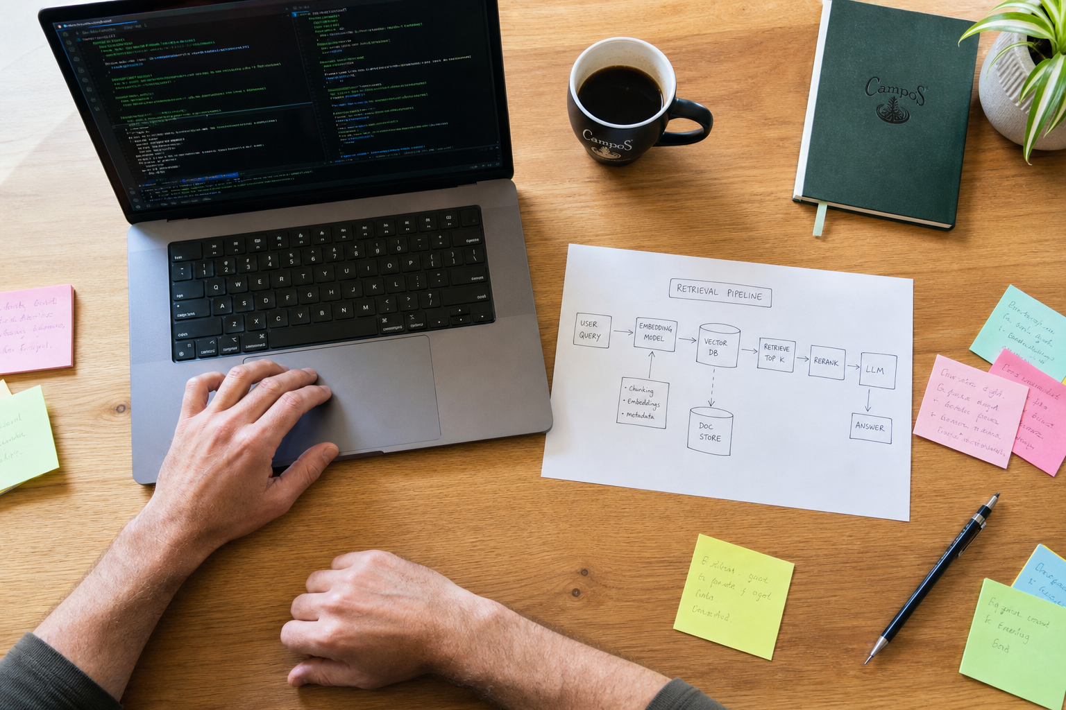 Overhead view of a developer's desk in bright natural daylight, showing a laptop open to a terminal, a hand-drawn system-flow sketch on paper, sticky notes, a coffee mug, and a developer's hands resting near the keyboard.