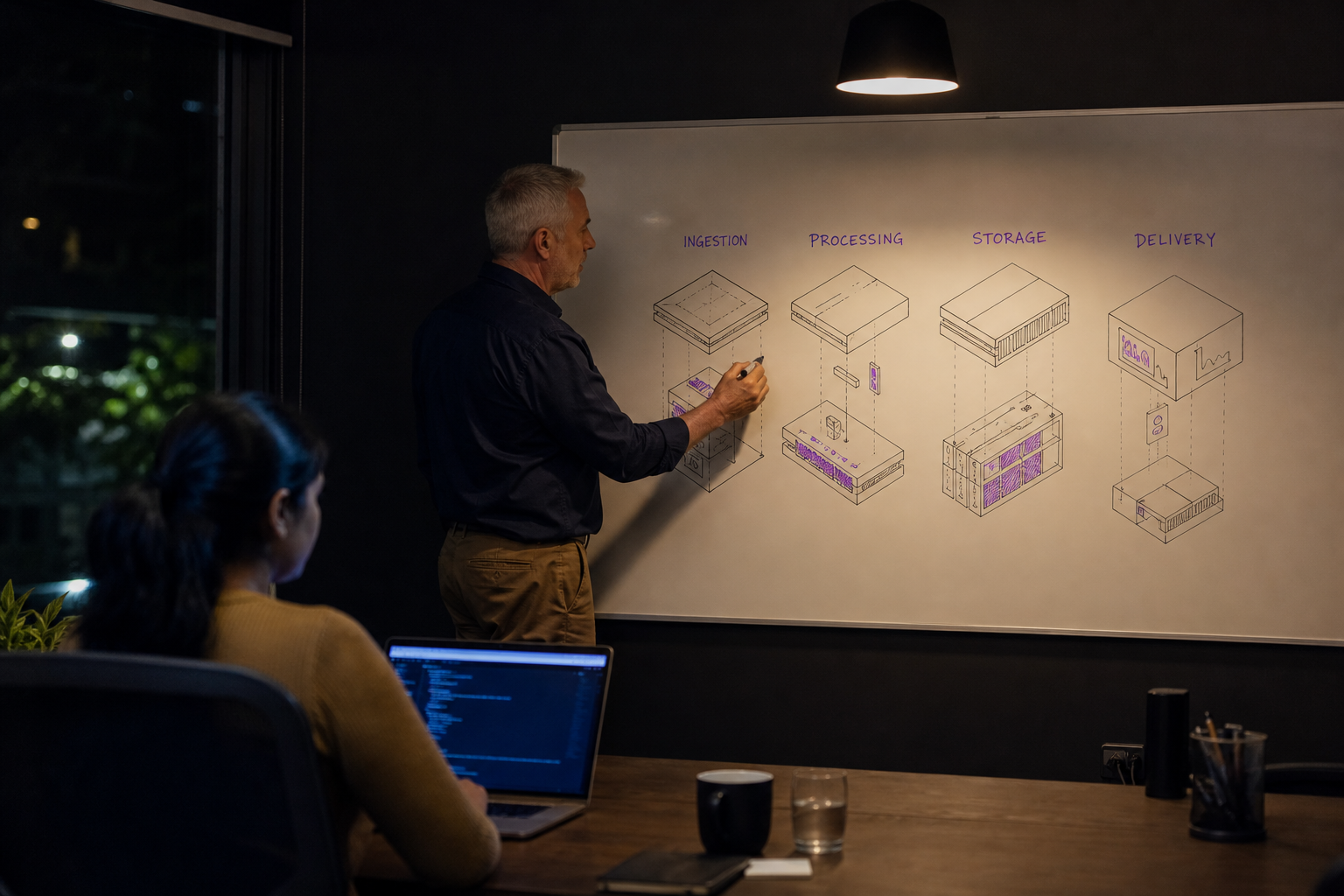 A grey-haired engineer stands at a whiteboard sketching an exploded isometric pipeline diagram in a dimly lit Australian meeting room, while a colleague works at a glowing screen in the foreground.