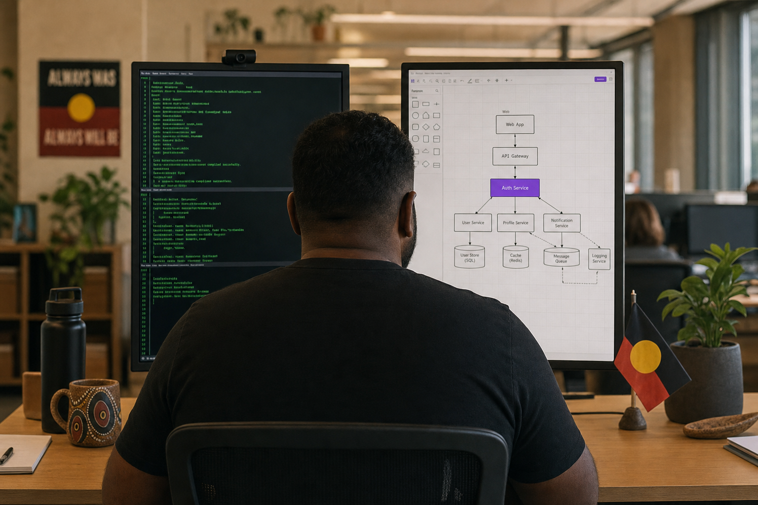 An Aboriginal Australian engineer sits in front of two monitors displaying a terminal and an architecture diagram in a mid-toned Australian office, with a single violet-highlighted node on screen as the focal accent.