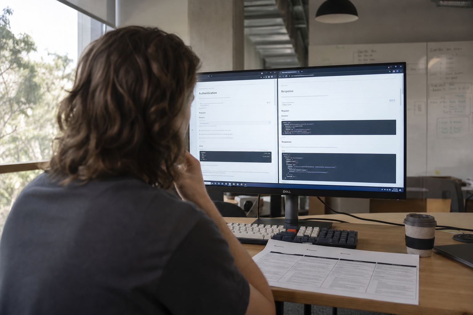 Over-the-shoulder view of a developer studying API documentation on a large monitor at a sunlit Australian office desk, with a printed comparison sheet and keyboard in the foreground.