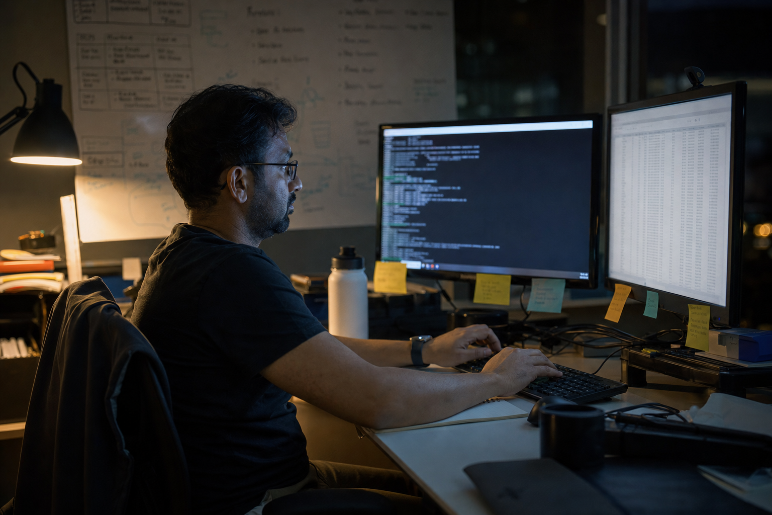 A data engineer works alone at a dual-monitor workstation in a dimly lit Australian office, their face illuminated by screen glow and a warm desk lamp, with a whiteboard visible in the blurred background.
