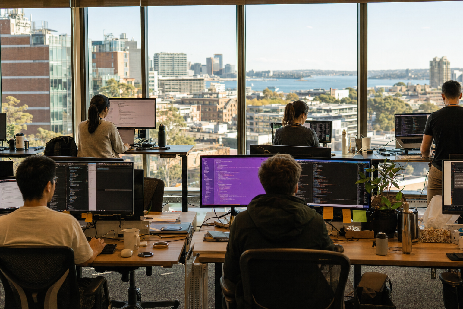A wide shot of an Australian open-plan tech office looking toward floor-to-ceiling windows with a low cityscape and harbour water visible, developers at standing desks in the foreground with one monitor glowing violet among warm daylight tones.