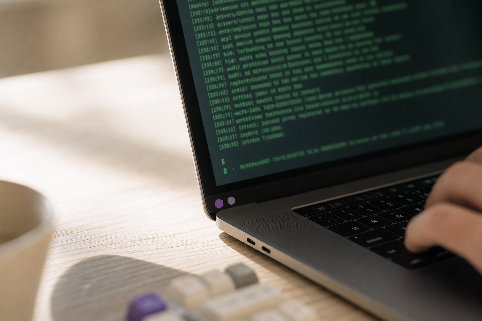 Extreme close-up macro shot of an open laptop screen showing a terminal window, shot at desk level in warm off-white natural office light, with two small violet stickers on the lid and a developer's hand partially visible at the frame edge.