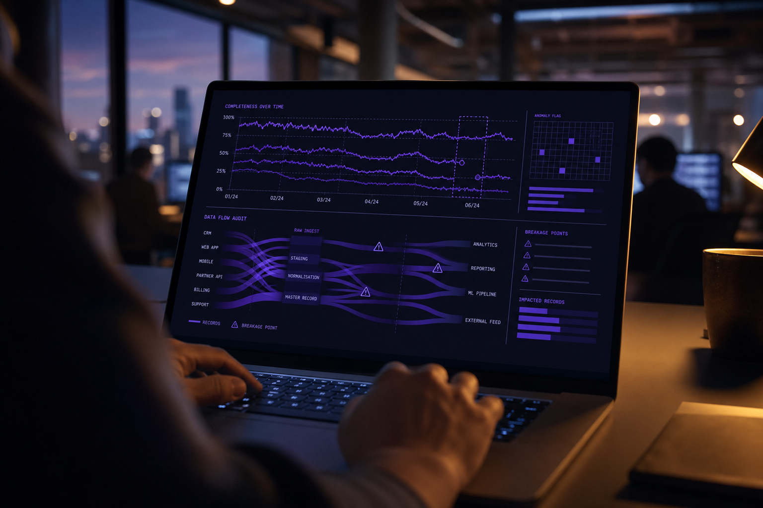 Close-up over-the-shoulder view of a laptop screen in a dimly lit Australian office showing abstract data audit visualisations — sparse line charts and flow diagrams — in purple and violet tones against a dark background, with the engineer's hands on the keyboard lit by screen glow.