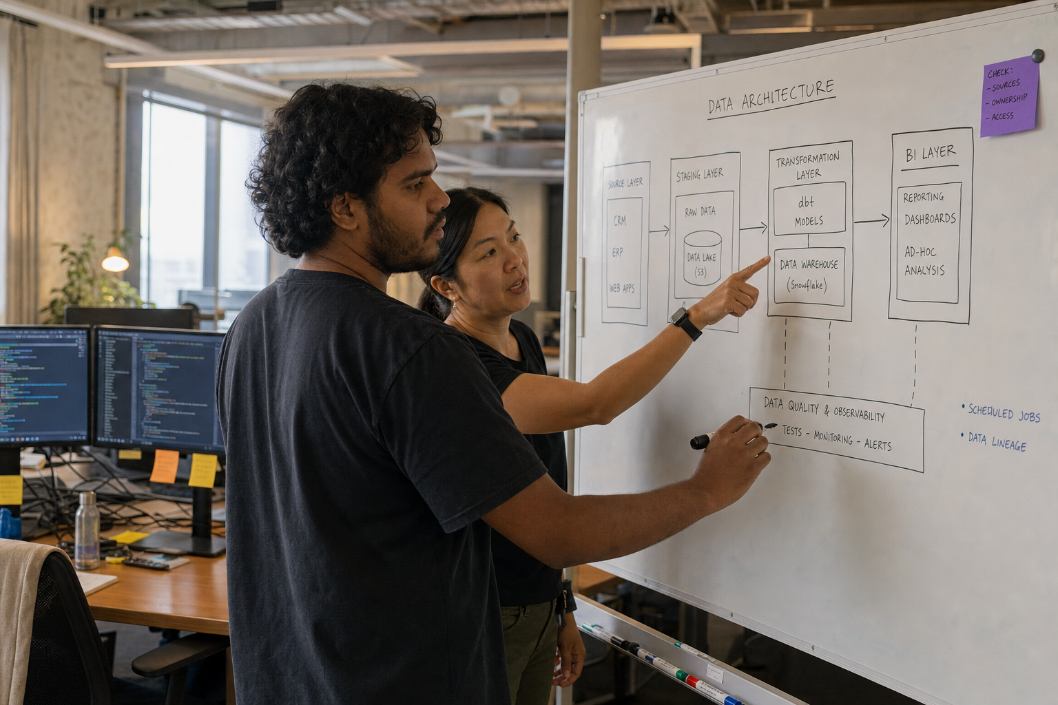 Two engineers — an Aboriginal Australian man and an East Asian woman — stand at a whiteboard in an open-plan tech office, sketching a layered data architecture diagram with boxes and arrows representing a modern mid-market data stack.