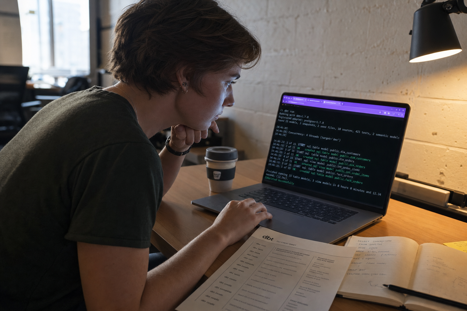 A young white woman developer leans toward a laptop screen displaying dbt CLI terminal output in a compact Australian office workspace, with handwritten SQL notes and a reusable coffee cup beside her.