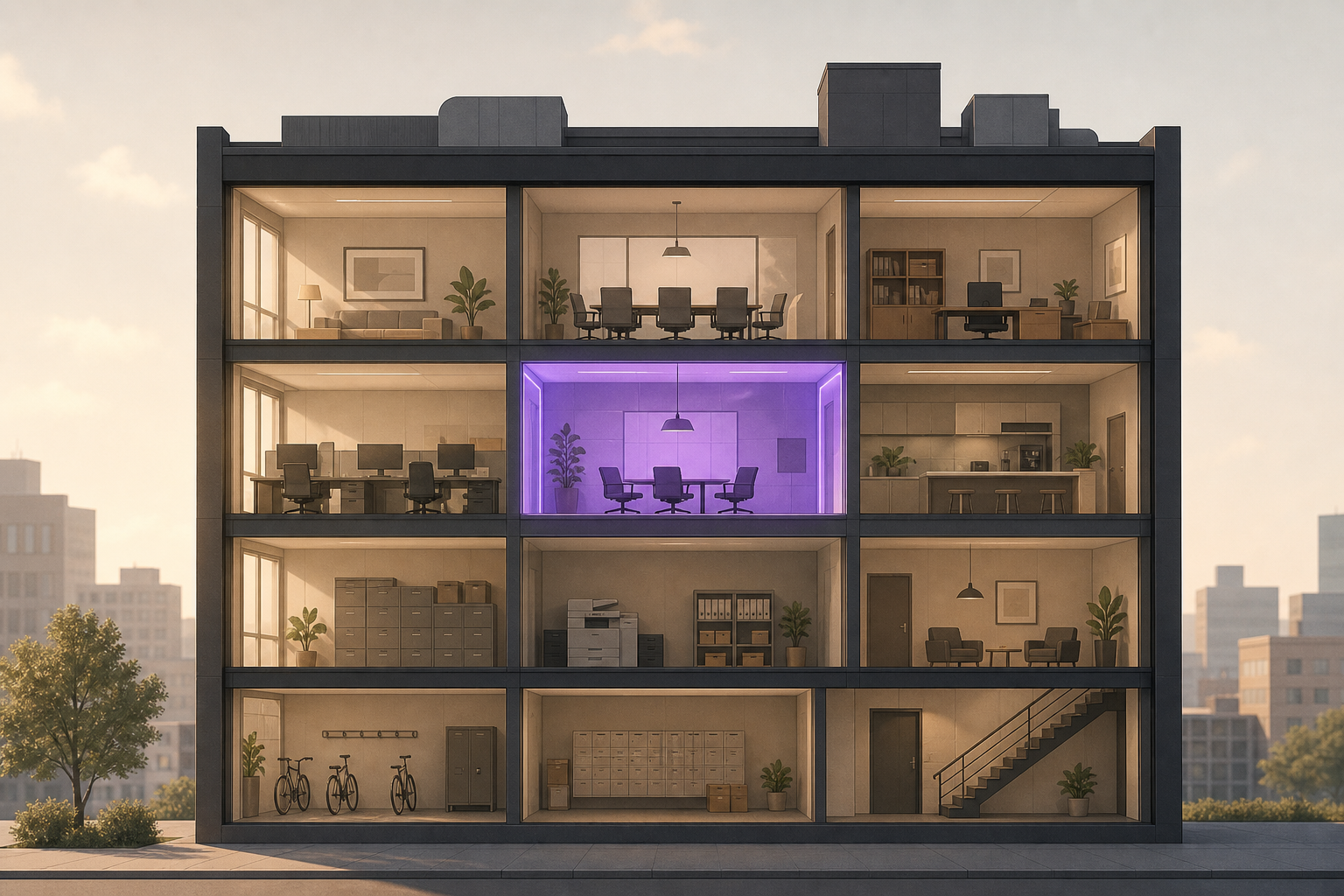 Flat head-on cross-section diagram of a single compact building divided into distinct internal modules with neutral warm tones, one central module highlighted in soft purple to indicate a defined boundary interface.