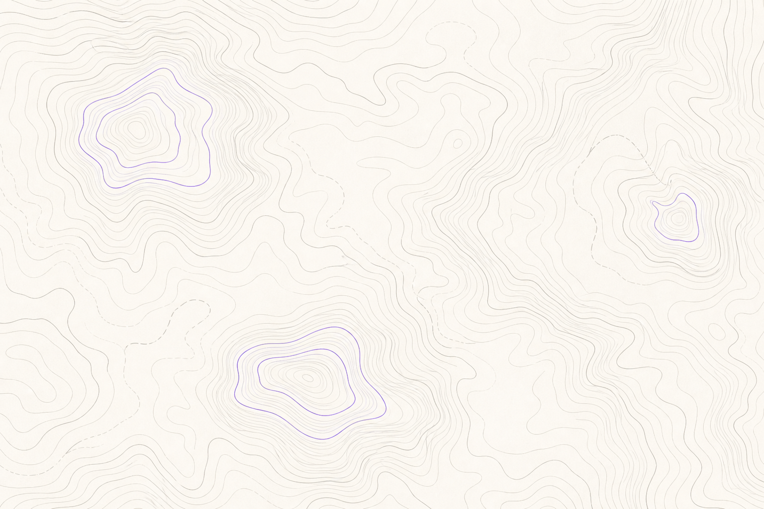 Topographic contour-line map abstraction on an off-white background showing a terrain of peaks and valleys in warm grey lines, with sparse soft-purple accent contours marking two or three distinct high-demand zones.