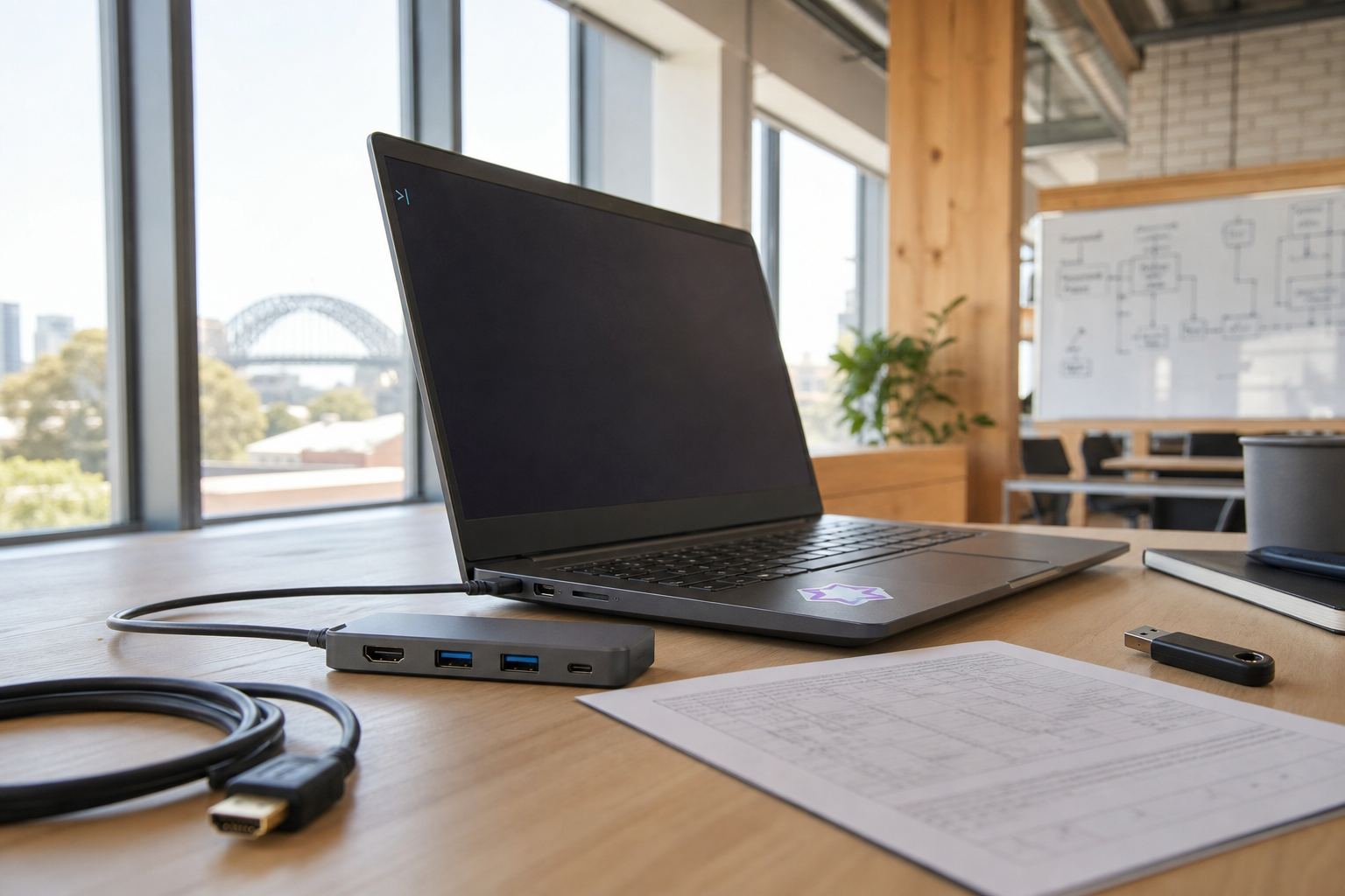 Low-angle view from desk surface looking up past a laptop and USB hub toward a bright open-plan office with a whiteboard showing hand-drawn block diagrams in natural daylight.