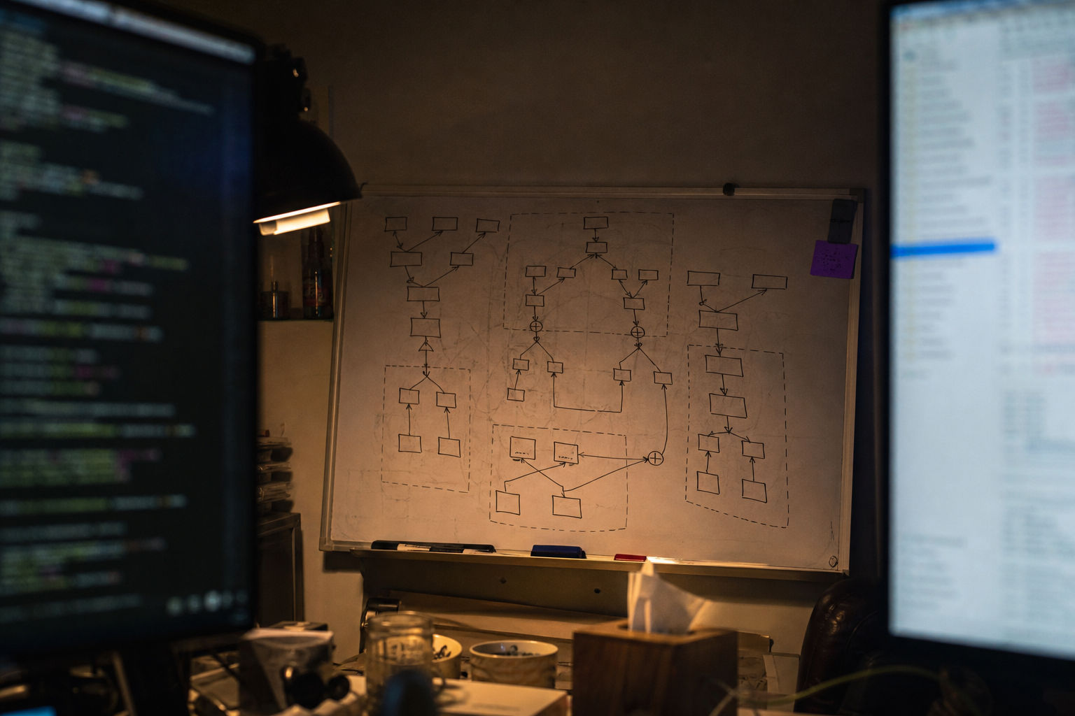 View framed between two monitor bezels looking toward a whiteboard covered in hand-drawn computational graph diagrams with operator fusion annotations, lit by warm task lamp glow in a dark engineering workspace.