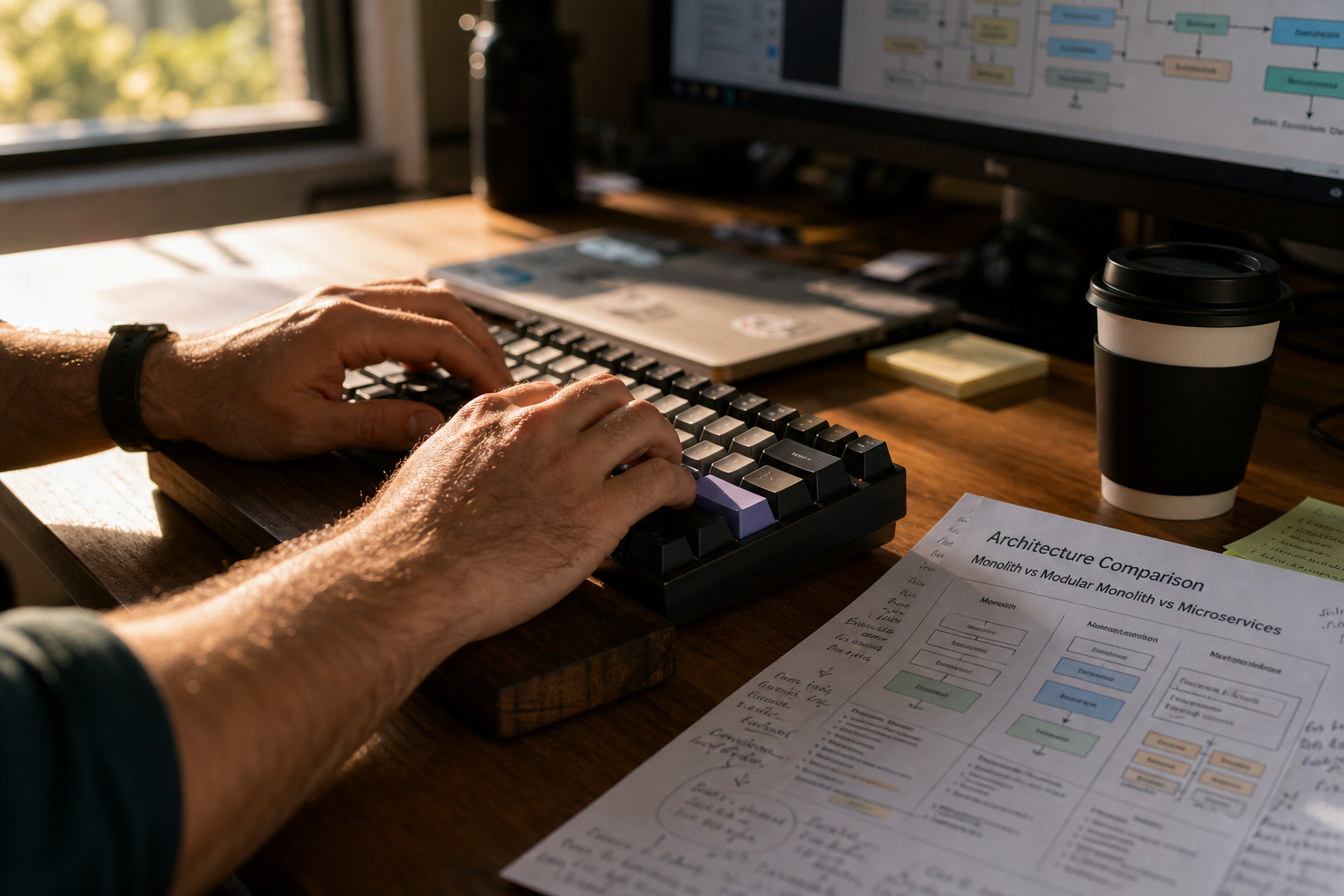 Close-up of a male engineer's hands resting on a mechanical keyboard on a warm timber desk, bathed in late-afternoon sunlight, with a printed technical document bearing handwritten notes visible nearby.