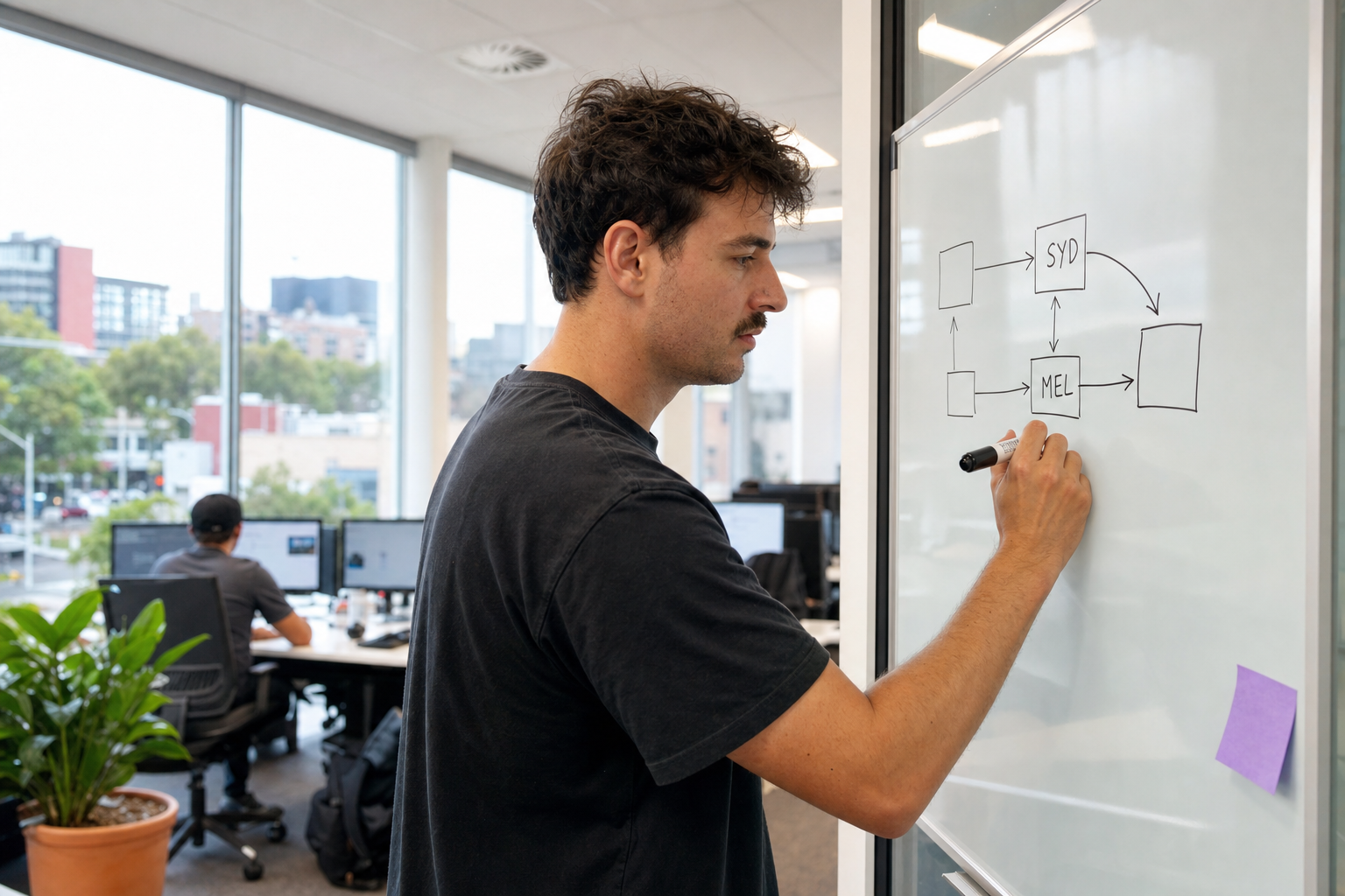A young male data engineer stands side-on at a glass whiteboard in a sunlit Australian open-plan office, marker in hand mid-stroke, sketching a regional data architecture diagram with Sydney and Melbourne nodes.