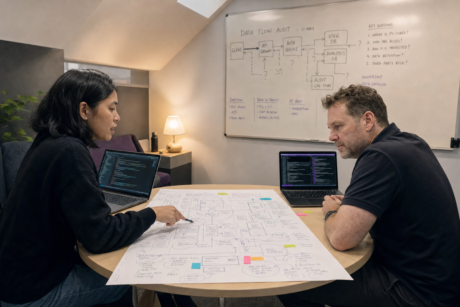 Two engineers review a large printed architecture diagram covered in handwritten annotations at a round table in an Australian office nook, with laptops open and a whiteboard showing a data flow audit sketch visible behind them.