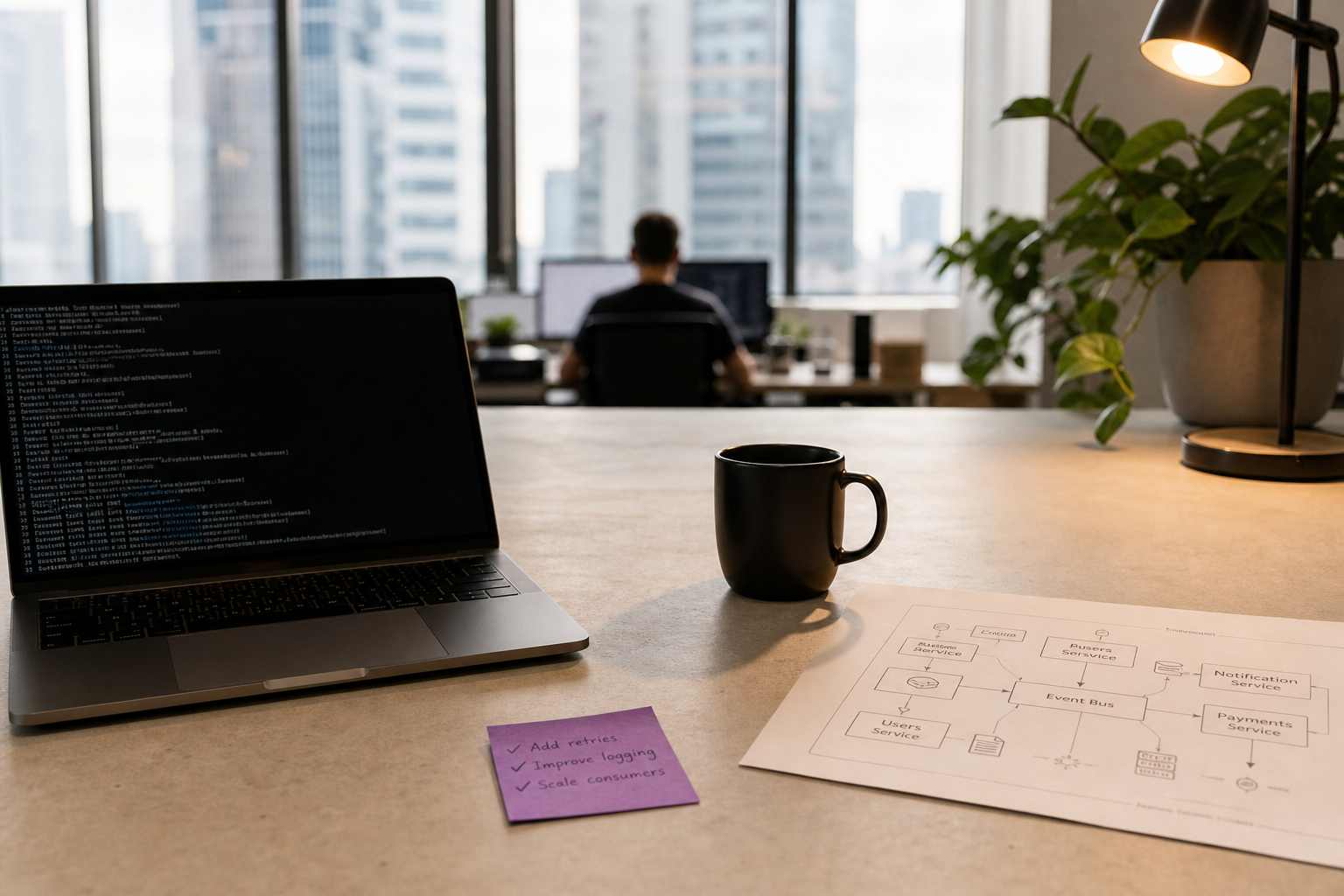 Wide low-angle view across a long standing desk in a bright Australian office, with a laptop terminal, coffee mug, architecture diagram and a purple sticky note as a detail band in the foreground, and a developer silhouetted against large daylit windows in the background.