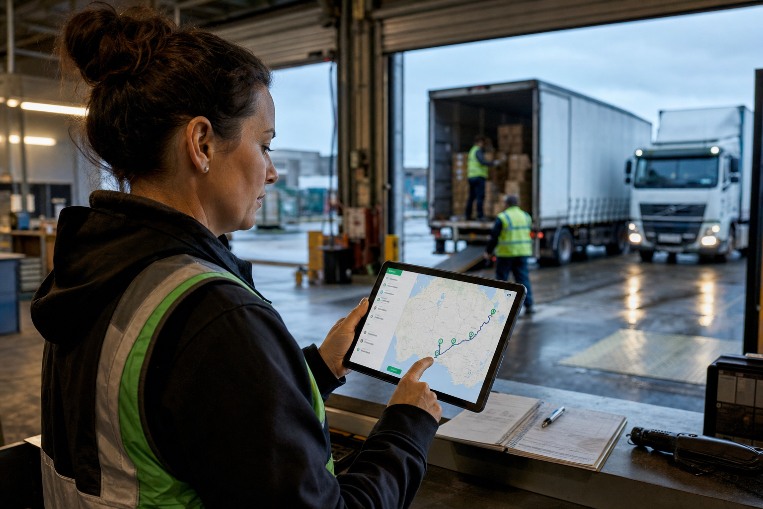 A female dispatcher in a high-vis vest reviews a route map on a tablet at an Australian warehouse loading dock, with freight trucks backed into bays behind her.