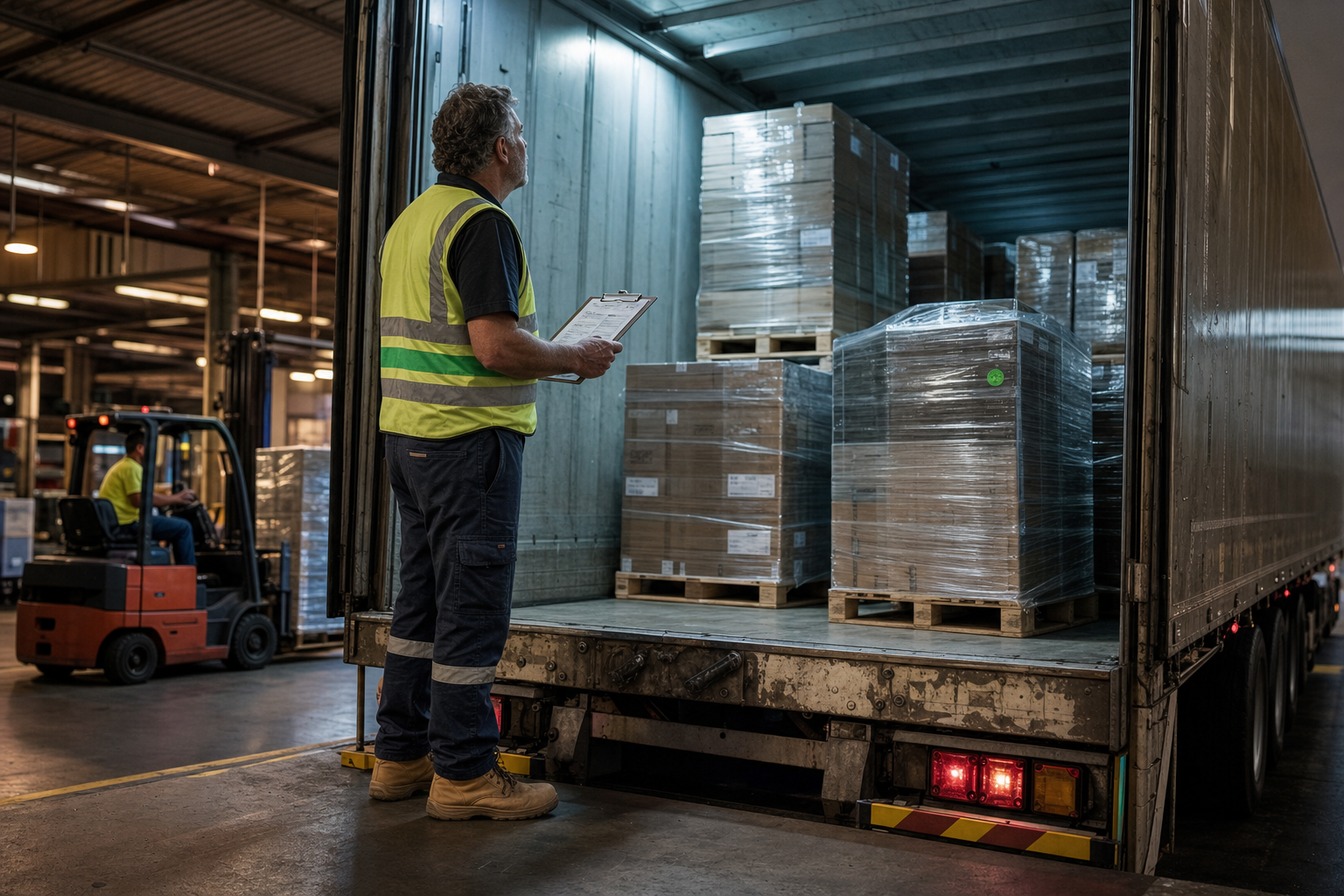 A warehouse worker in a high-vis vest inspects the partially loaded interior of a semi-trailer at an Australian freight depot, with a forklift and pallets visible in the background.