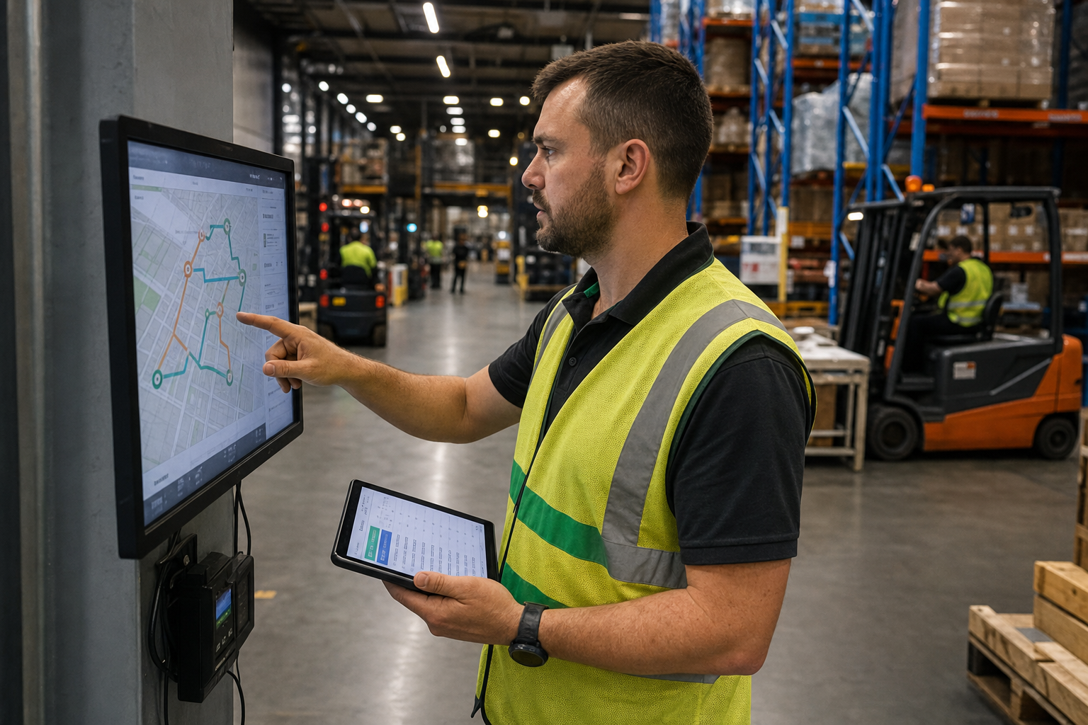 A warehouse operations coordinator in a high-vis vest reviews a route optimisation screen mounted on a pillar inside an Australian distribution centre, holding a tablet, with a busy DC floor of racking and forklifts blurred in the background.