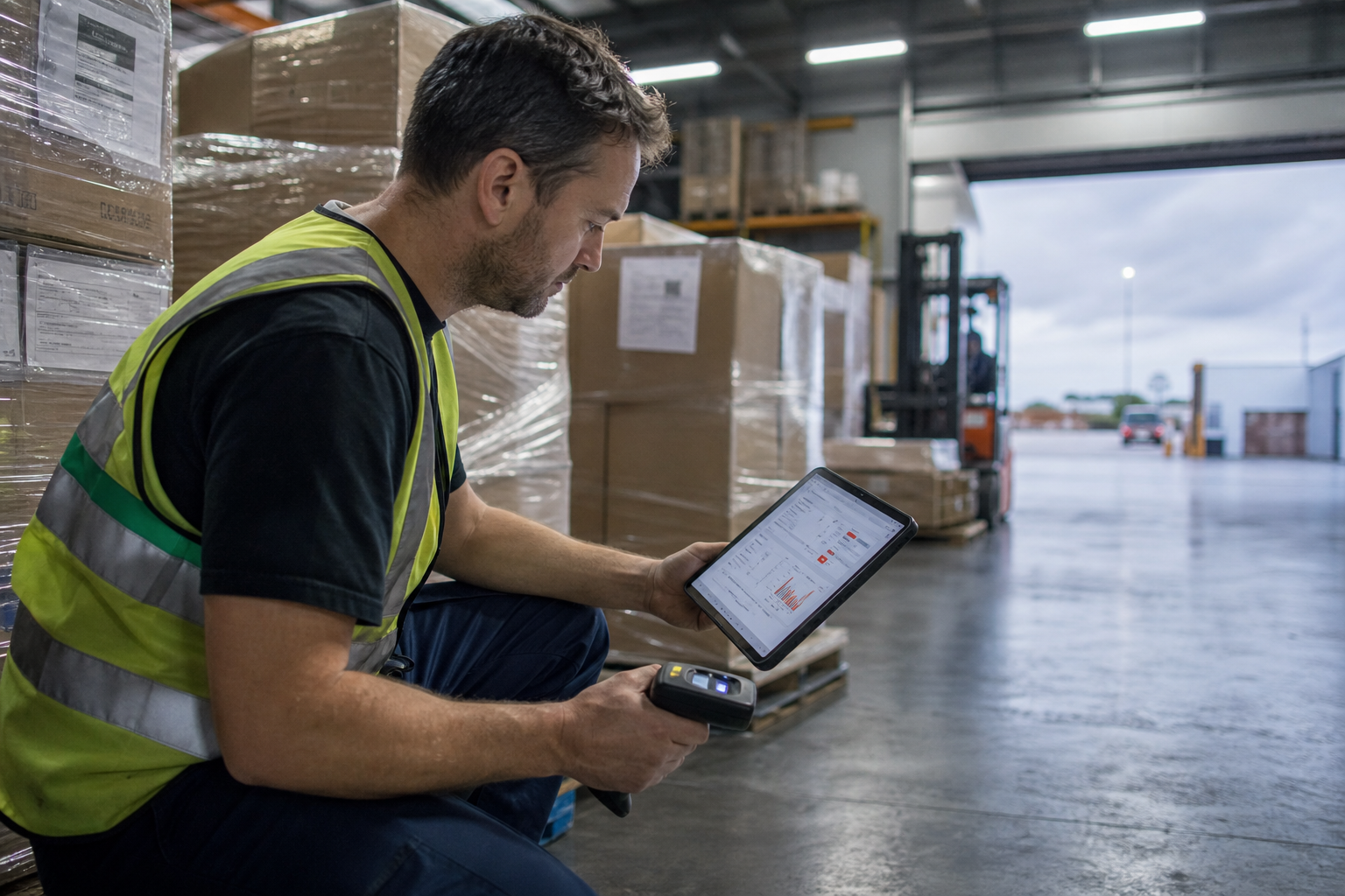 A male warehouse worker in a high-vis vest uses a handheld scanner and tablet to review shipment data on the floor of an Australian distribution centre, with pallets and cardboard cartons stacked behind him.