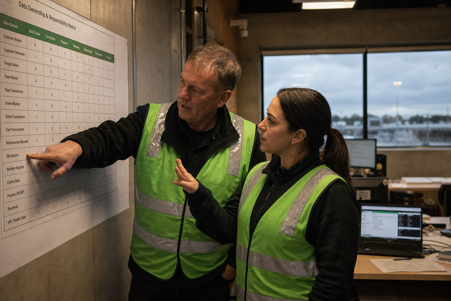 A male fleet supervisor and a female customer service worker in high-vis vests discuss a printed responsibility matrix pinned to the wall of a working Australian freight depot office.