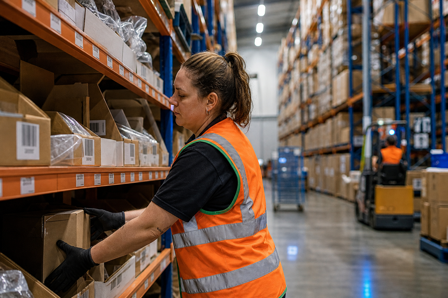 A female warehouse worker in an orange hi-vis vest reaches for a carton at waist height on a well-stocked pick-face shelf in a busy Australian fulfilment warehouse under fluorescent lighting.