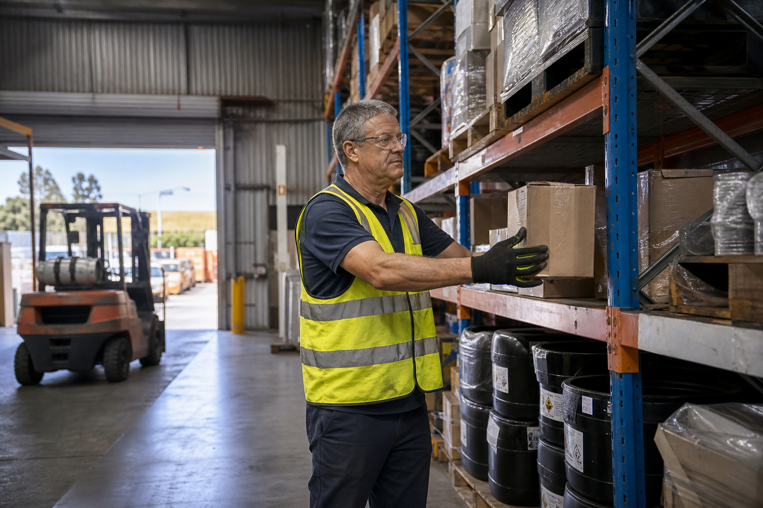 An older male warehouse worker in a yellow hi-vis vest lifts a carton from a mid-height racking shelf in an Australian warehouse, with a loading dock roller door visible in the background.