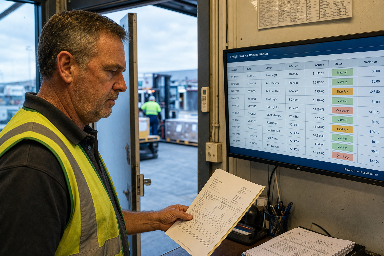 A male freight operations manager in a high-vis vest compares a printed invoice against a wall-mounted monitor showing a freight reconciliation list inside an Australian regional depot, with dock workers visible through a doorway behind him.