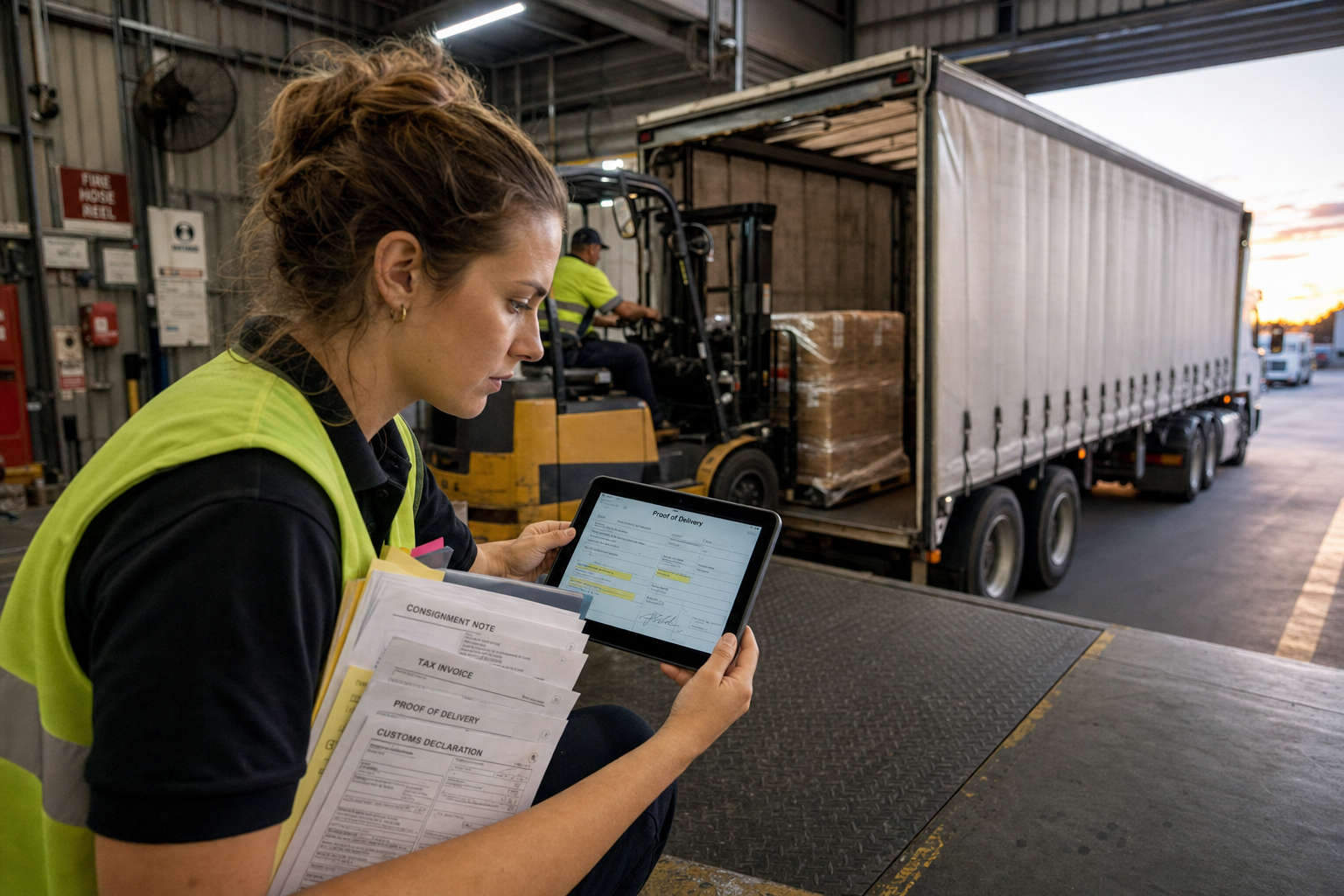 A young female warehouse clerk in a hi-vis vest crouches at a loading dock reviewing a scanned proof-of-delivery document on a tablet, with a curtainsider truck being unloaded by a forklift operator visible in the background.