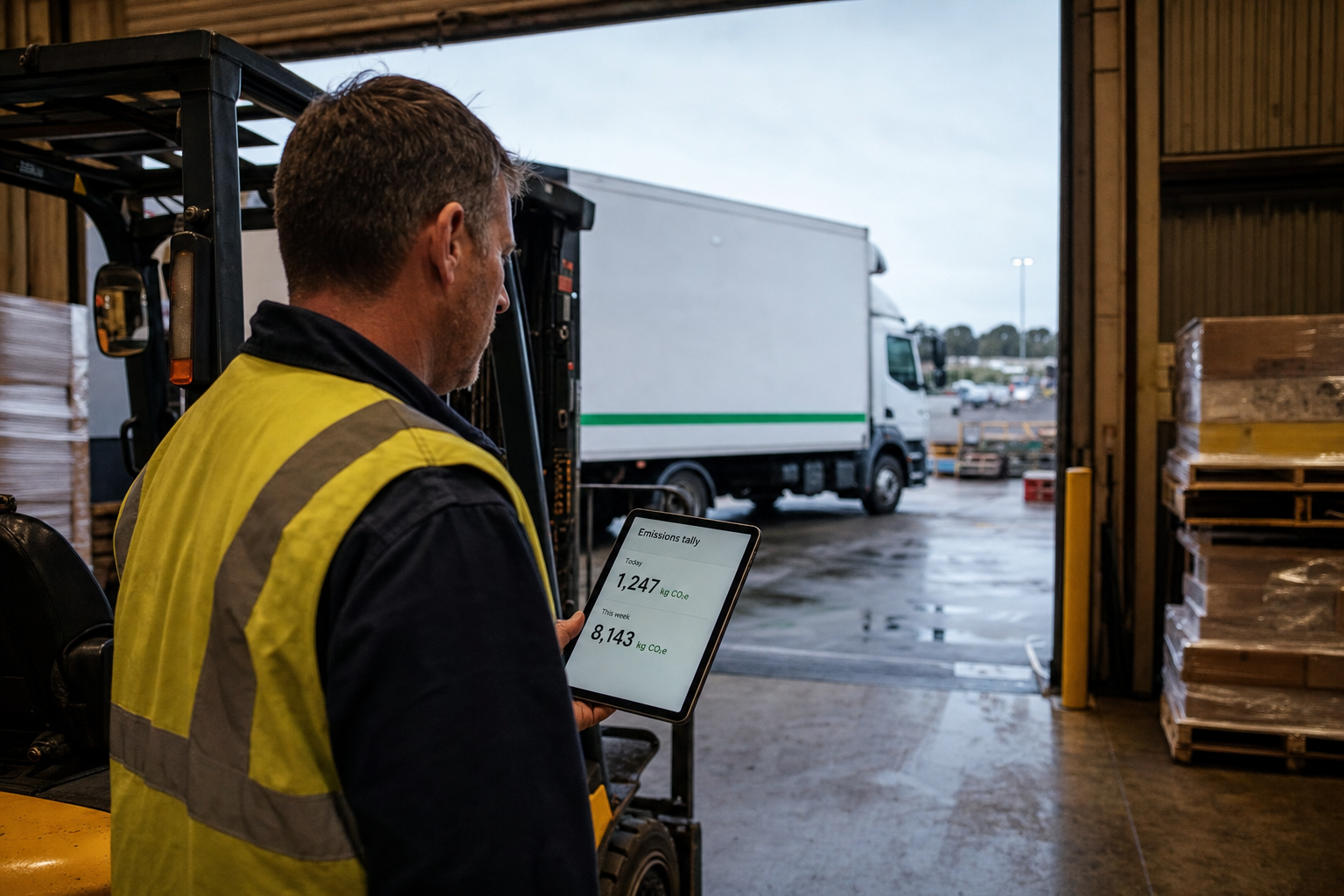 Male forklift operator in high-vis vest holding a tablet near a freight truck inside an Australian logistics warehouse depot, stacked pallets visible in the background.