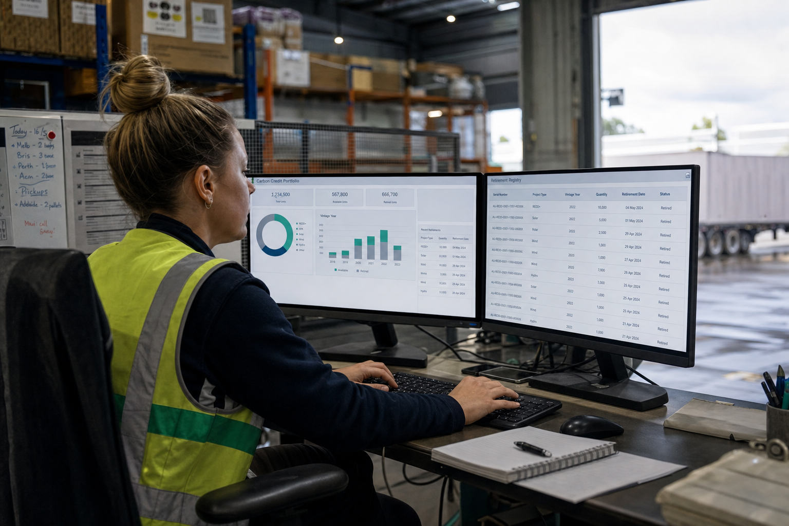 Young female dispatch coordinator typing at a dual-monitor workstation showing carbon credit tracking data inside an Australian freight depot, loading dock visible in the background.