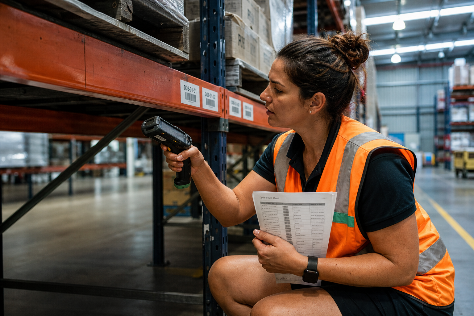 A female warehouse worker in hi-vis vest crouches at an empty racking bay shelf, scanning a barcode label and checking for missing stock in an Australian distribution centre.
