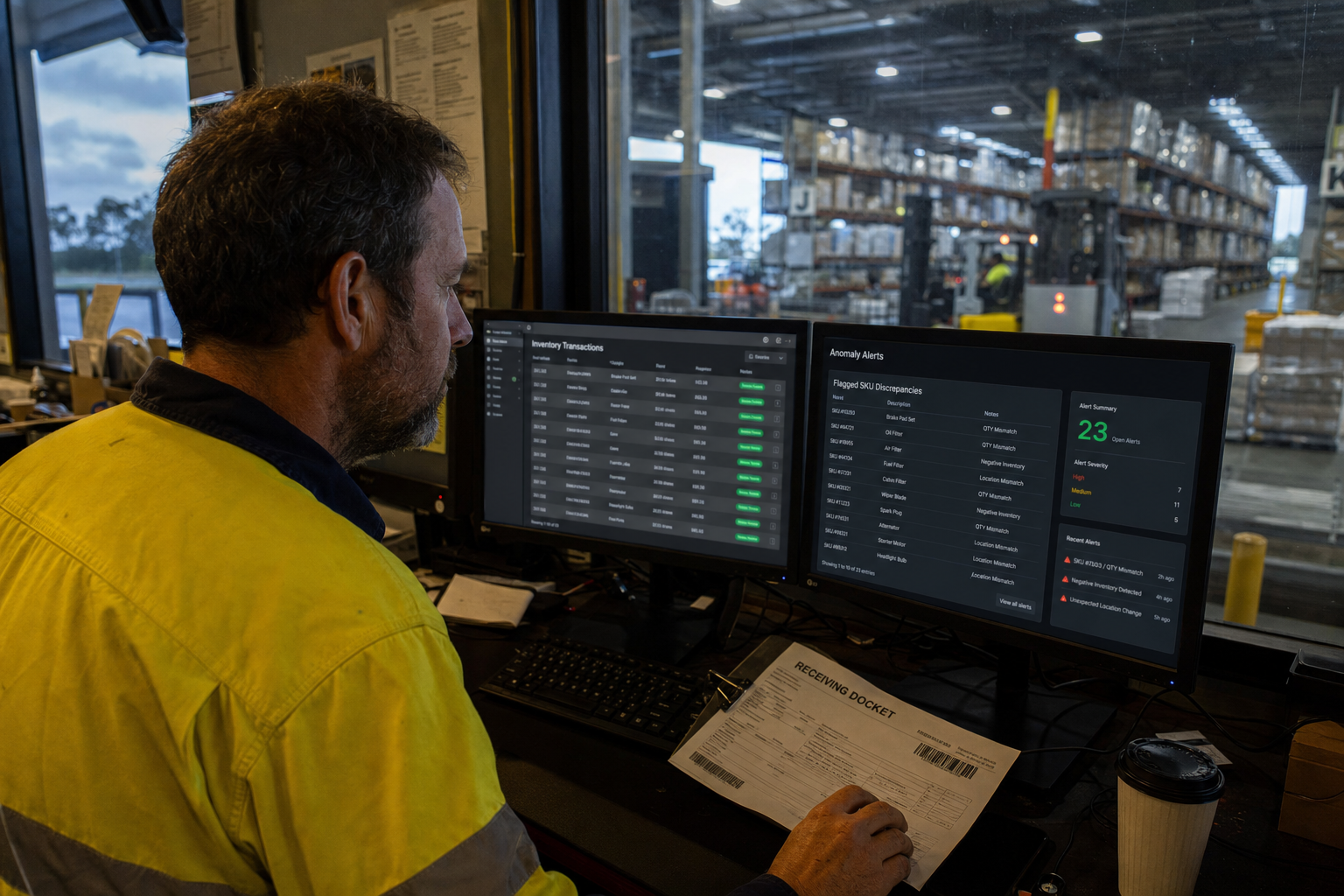 A male logistics dispatcher in hi-vis shirt reviews warehouse management system dashboards showing inventory anomaly alerts on two monitors at a workstation overlooking an active Australian warehouse floor.