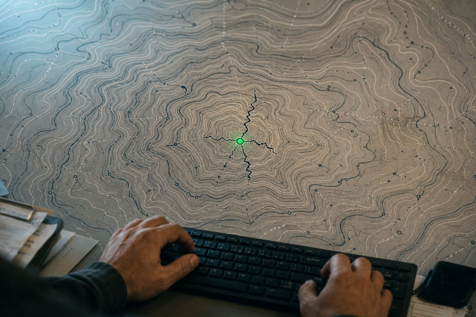 Abstract topographic contour-line map in warm mid-greys and blue-greys with a single bright green focal point marking a break in the layers, with faint hands at a keyboard visible in the foreground.