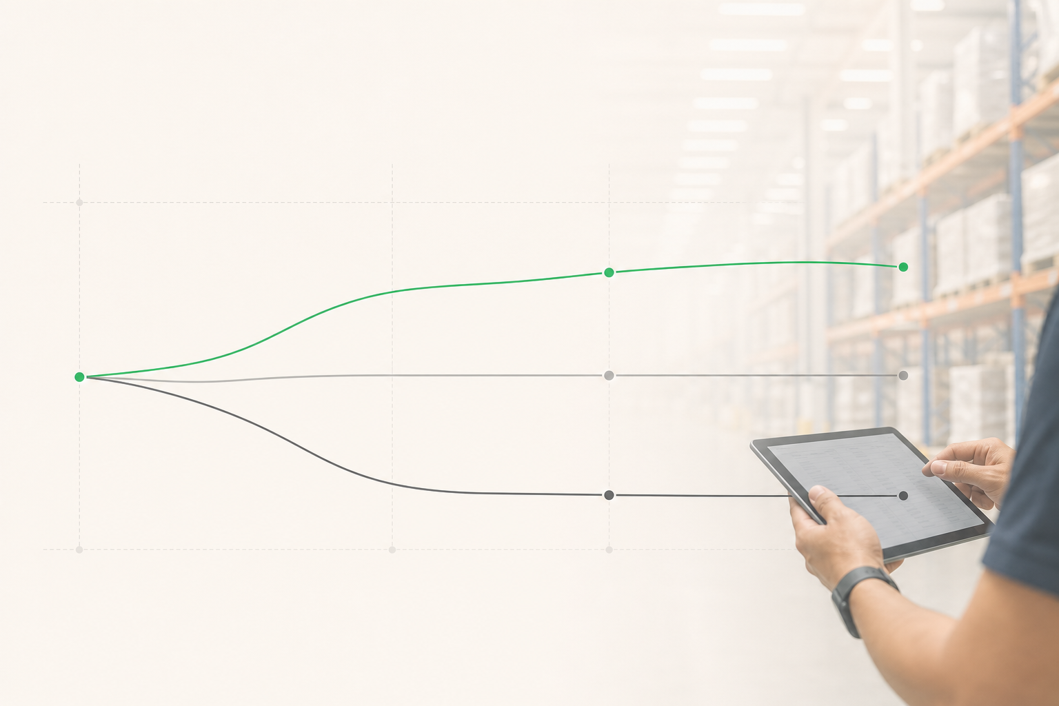 Sparse editorial data-visualisation showing three diverging flow lines branching from a single origin point across an off-white surface, with a blurred warehouse interior and a tablet-holding forearm visible at the edge.
