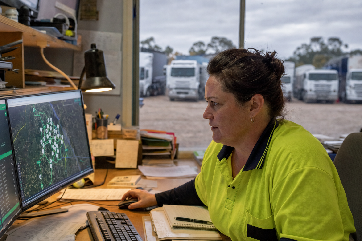 A female freight dispatcher in a hi-vis polo shirt reviews a digital route planning screen at her workstation inside a regional Australian depot, with a row of parked heavy trucks visible through the window behind her.